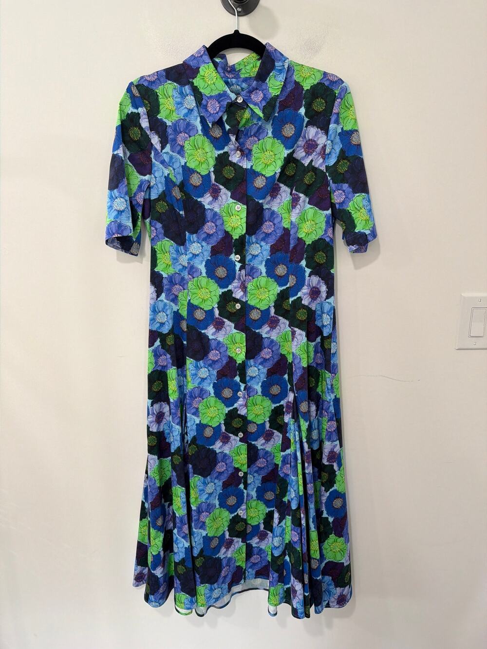 Jonathan Cohen Dress Floral Blue Green Button Down Short Sleeve Size M